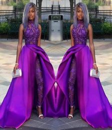 Classic Jumpsuits Prom Dresses With Detachable Train High Neck Lace Applique Bead Evening Gowns African Party Women Pant Suits ves3437727