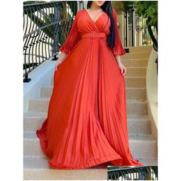 Basic Casual Dresses Y V-Neck Pleated Dinner Party Dress Women Yellow Elegant With Belt Long Sleeve Robe Femme African Maxi Red Vestid Dhvnd