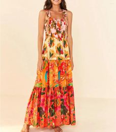 Casual Dresses Women Cute Colourful Graffiti Floral Ruffle Cami Dress Summer Long Boho Flowy Sexy Spaghetti Strap Maxi Sun