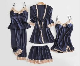 Silk Robe Sets Sleep Suit Womens Lace Satin Pyjamas Gown Set VNeck Cami Nighties Pijama Home Clothes Spring Night Dress Women032016837