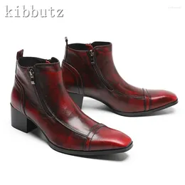 Boots Square Toe Wine Red 's British Style Genuine Leather High Heels Shoes Male Party Wedding Dress