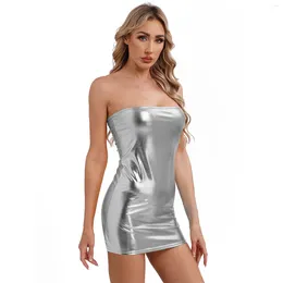 Casual Dresses Womens Sexy Metallic Shiny Strapless Tube Top Bodycon Sleeveless Slim Fit Breast Wrap Mini Dress For Carnivals Party