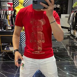Fashion Brand Mens T-Shirts Slim Bear Rhinestone Sequin Mercerized Cotton Summer New Korean Trend Male Tee Mens Clothing Top Red Black White