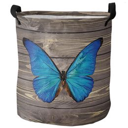 Laundry Bags Vintage Wooden Texture Blue Butterfly Dirty Basket Foldable Home Organizer Clothing Kids Toy Storage