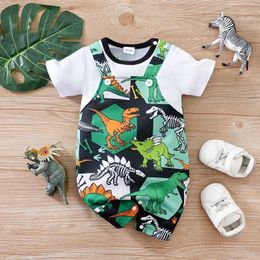 Rompers Newborn Baby Clothes Boy green dinosaur print Jumpsuit Summer Short Sleeve Romper 0-18M Infant Toddler Pajamas One Piece Outfit Y240530TJE9