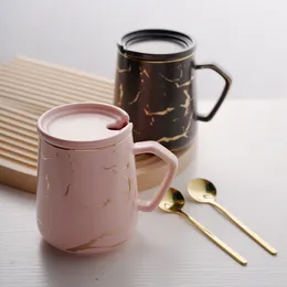 Mugs 420ml Matte Ceramic Coffee Cup With Lid Spoon Marble Gold Pattern Home Modern Large Capacity Breakfast Milk Oatmeal