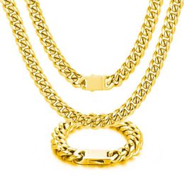 Europe and America Hotsale Mens Jewellery Hip Hop 12mm 16-26inch Gold Plated Stainless Steel Cuban Chain Necklace Bracelet for Men Women 290U