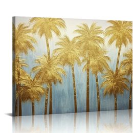 Palm Tree Painting Wall Art Abstract Tropical Leaves Canvas Prints Artwork for Home Office Living Room Kitchen Gold and Teal Decor Gallery Wrapp Ready to Hang.