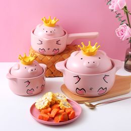 Pink Pig High Temperature Resistance Casserole Handle Ceramic Cookware with Crown Pot Cover Kitchen Supplies Soup Pots
