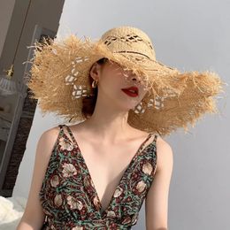 2024 Summer Raffia Sun Hats for Women Holiday Straw Hat Panama Ladies UPF Travel Beige Floppy Hat beach accessories 240521