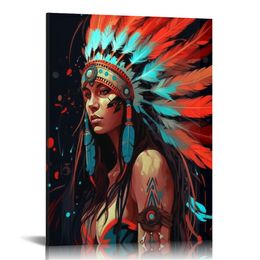 African American Black Woman Poster Framed Canvas Wall Art Colourful Modern Indian Girl Picture Print Artwork Ready to Hang for Bedroom Living Room Home Office Decor