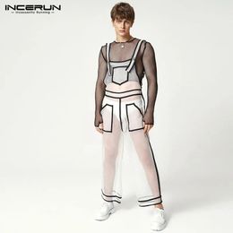 INCERUN Men Jumpsuits Mesh See Through Sexy Patchwork Pockets Sleeveless Straps Rompers Streetwear 2023 Fashion Overalls 5XL 240521