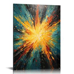Modern Abstract Canvas Wall Art: Teal Colour Painting with Heavy Textured Gold Foil Picture Decor Contemporary Sunburst Print Artwork for Office Bedroom Living Room