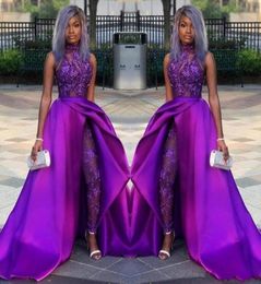 Classic Jumpsuits Prom Dresses With Detachable Train High Neck Lace Applique Bead Evening Gowns African Party Women Pant Suits ves6175845
