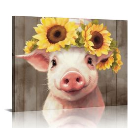 Funny pig Canvas Wall Art Print, Funny pig Painting Poster, funny farm animal Mural for Bedroom Bathroom and Kitchen Framed