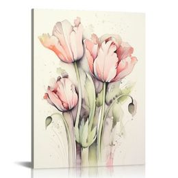 Pale Pink Tulip Wall Art Artwork Decor - Chinese Ink Painting Aesthetics - HD Canvas Photo Prints Wall Decor