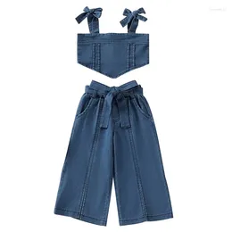 Clothing Sets 3PCS Baby Girls Tie-up Strap Sleeveless Back Button Denim Crop Tops Wide-leg Jeans Slit Pants Belt Outfits Set