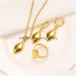 Earrings & Necklace 22K 18Ct Thai Baht G/F Fine Solid Gold Pendant Ring Set Square Geometry Never Broke Again Bollywood Drop Delivery Dhllt