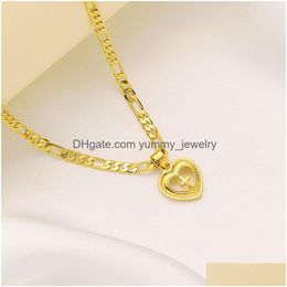 Pendant Necklaces 22K Solid Fine Gold Finish Heart Cross Italian Figaro Link Chain Necklace 24 3 Mm Womens Drop Delivery Jewellery Penda Dhah9