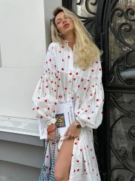 Sumuyoo Jacquard Heart Print Long Sleeve Dress Women Fashion Loose Vestidos Vintage Female A-line 100% Cotton Summer