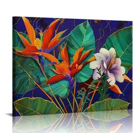 Tropical Flower Canvas Painting Bird of Paradise and Green Palm Leaf Pictures Wall Art Hawaii Floral Artwork Framed