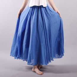 Designer's New Summer Art Loose Size Cotton and Hemp Half Skirt Elastic Waist A-line Long Skirt Solid Colour Pleated Large hem SkirtQXQ7