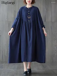 Casual Dresses Oversized Autumn Long Dress Women Cotton Linen Loose Pleated Ladies Sleeve Fashion Woman 2024