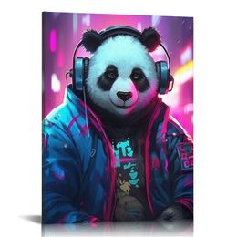 Punk Panda Canvas Wall Art Funny Artwork Anime Painting DJ Panda Pictures on Canvas Wall Art for Office Decorations Living Room Bedroom and Kitchen Decor