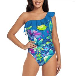 Women's Swimwear The Garden Ii One Shoulder Ruffle Swimsuit Piece Print Women Bathing Suit Monokini Colourful Bright Flowers Floral