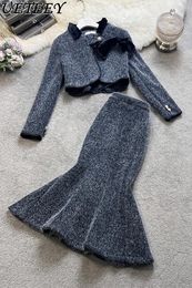 Work Dresses Fall/Winter Outfits Elegant Fashion Short Temperamental Thick Woollen Coat Women Fishtail Long Skirt Two-Piece Set For