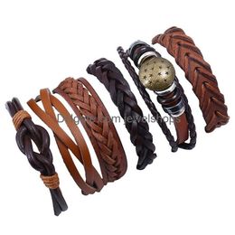 Charm Bracelets 6Pcs Set Braid Fashion Punk Mtilayer Wrap Beads Cuff Bangle Vintage Mens Genuine Leather Wristbands For Women Star Dr Dhihe