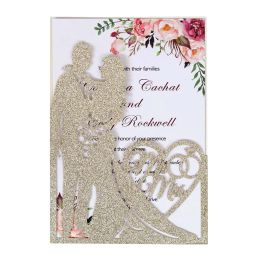 10pcs Glitter Wedding Invitations Card Laser Cut Bride&Groom with Envelopes Personalized Marriage Greeting Card Party Supplies