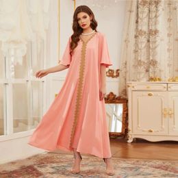 Party Dresses V-neck Ruffle Sleeves Muslim Dress Women Casual Abaya Simple Style Embroidered Border A-line Fashion Loose Long Kaftan