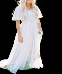 Vintage Aline Chiffon Modest Wedding Vestres com mangas de vibração da colher de pescoço de laca de chiffon saia de chiffon bogho vestidos de noiva informais C9538875