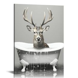 Zabawne zwierzęta jeleń ścienne bierz kąpiel w wannie zdjęcia sztuka dekoracje oprawione na płótnie plakaty drukowane nowoczesne dzieła sztuki pokój dla dzieci w łazience sypialnia dekoracja domu