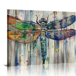 Watercolour Dragonfly Canvas Wall Art Abstract Insect Animal Rustic Wood Picture Print Gallery Wrap for Living Room Bedroom Decor Ready to Hang