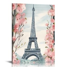 Paris Flowers Eiffel Tower Pink Blue Ablecor Painting Canvas Wall Art, 16 x 20, projekt artysty Annie Warren