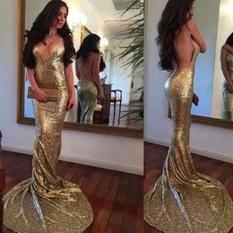 Sexy Gold Deep V Neck Mermaid Prom Dresses Spaghetti Strap Sparkly Sequin Backlee Evening Party Gowns Robe Femme 0530