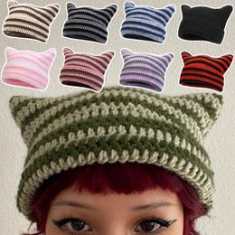 Y2K Japanese Style Streetwear Harajuku Beanie Hat Little Devil Striped Knitted Hats Women Autumn Winter Bonnet Cute Cat Ears Cap 240517