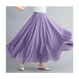 Designer's New Summer Art Loose Size Cotton and Hemp Half Skirt Elastic Waist A-line Long Skirt Solid Colour Pleated Large hem SkirtGYAP