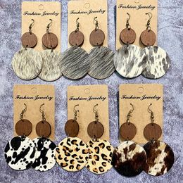 Dark Brown Wood and Fluffy Genuine Cowhide Round Drop Earrings for Women Western Bohemian Jewelry Factory Wholesale