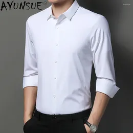 Men's Casual Shirts Top AYUNSUE Silk Men Clothing Male Social White S Non-iron Luxury Long Sleeve Coat Business