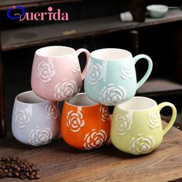 Mugs Rose Flower Coffee Mug Cute Student Milk Cup With Lid Spoon Embossed Ceramic Home Office Porcelain Tea Drinking