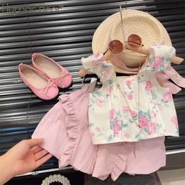 Clothing Sets Bear Girls Summer New Vintage Print Hanging Strap Lace Top Shorts Two Piece Set Vestidos Casual Outfit 2-6Y H240530