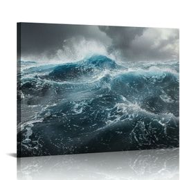 Ocean Waves Wall Art Black and White Blue Seascape Posters Prints Canvas Sea Beach Paintings Pictures Wall Decor for Living Room Bedroom Decorations
