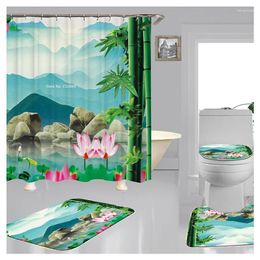 Shower Curtains 3D Landscape Digital Printed Curtain Flannel Fabric Toilet Mat Bathroom 4-piece Polyester Waterproof Set
