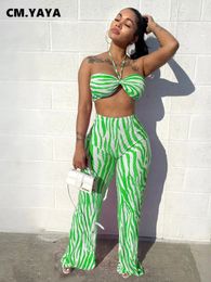 CM.YAYA Zebra Printed Pleated Womens Set Crop Top and Wide Leg Pants Suit Summer Fashion Two 2 Piece Set Outfits Tracksuit 240529