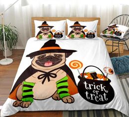 Bedding Sets 3PCS Halloween Pug Kids Boys Girls Cute Dog With Witch Costume Duvet Cover Set White Home Textiles Cartoon Dropship