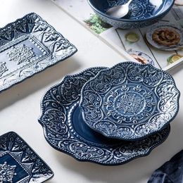 Plates Blue Glaze Steak Pasta Dinner Set And Dishes Baroque Vintage Relief Ceramic Plate Nordic Fruit Salad Serving Tray