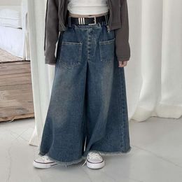 2-9Y Korean Spring Children's Wear Girls Vintage Jeans Wide Leg Skirt 2024 Fall Kid Girl High Waist Slim Design Long Pants L2405